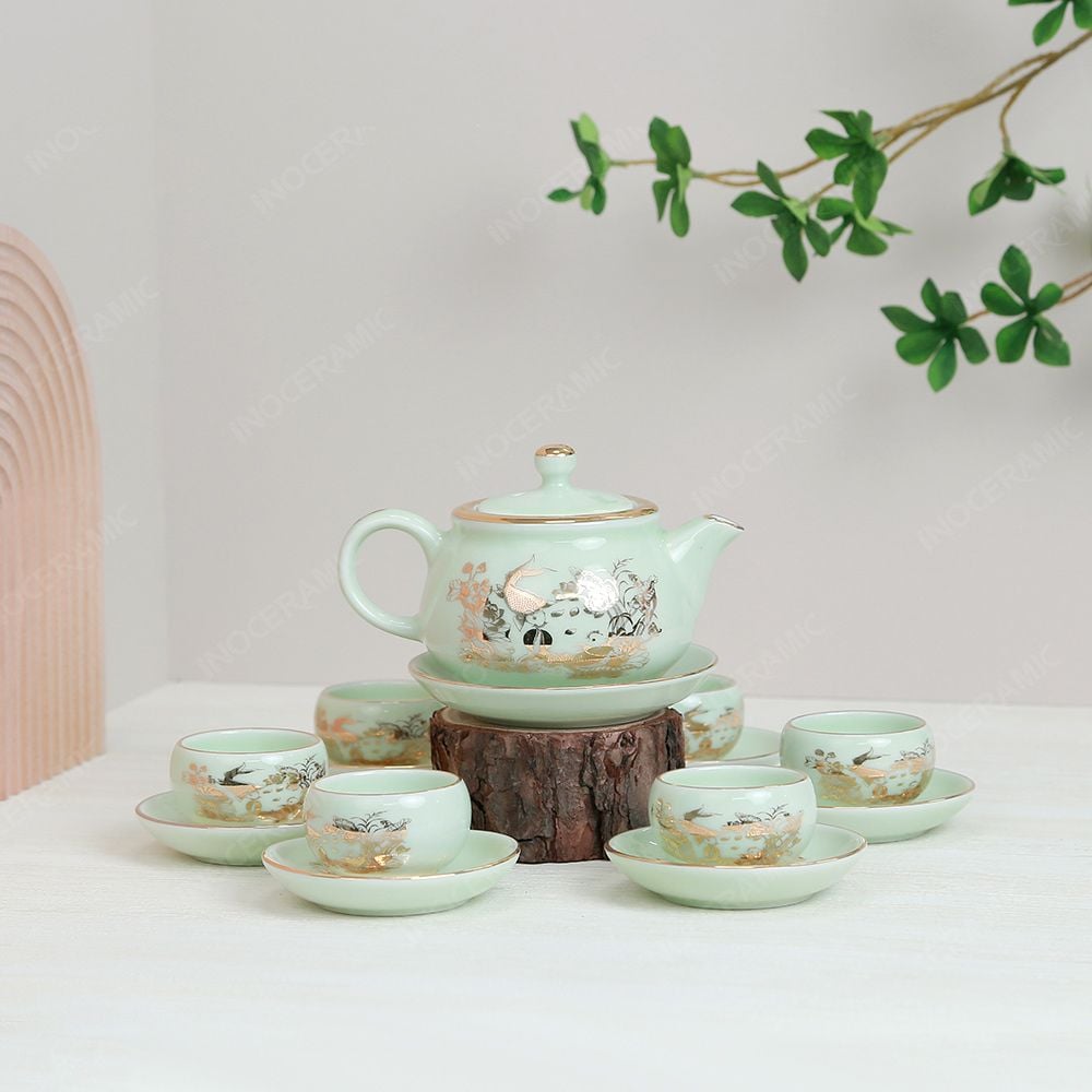 Bộ ấm trà Lưu Ly sen chép kẻ vàng