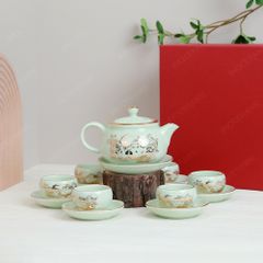 Bộ ấm trà Lưu Ly sen chép kẻ vàng