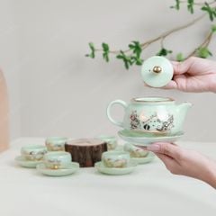 Bộ ấm trà Lưu Ly sen chép kẻ vàng