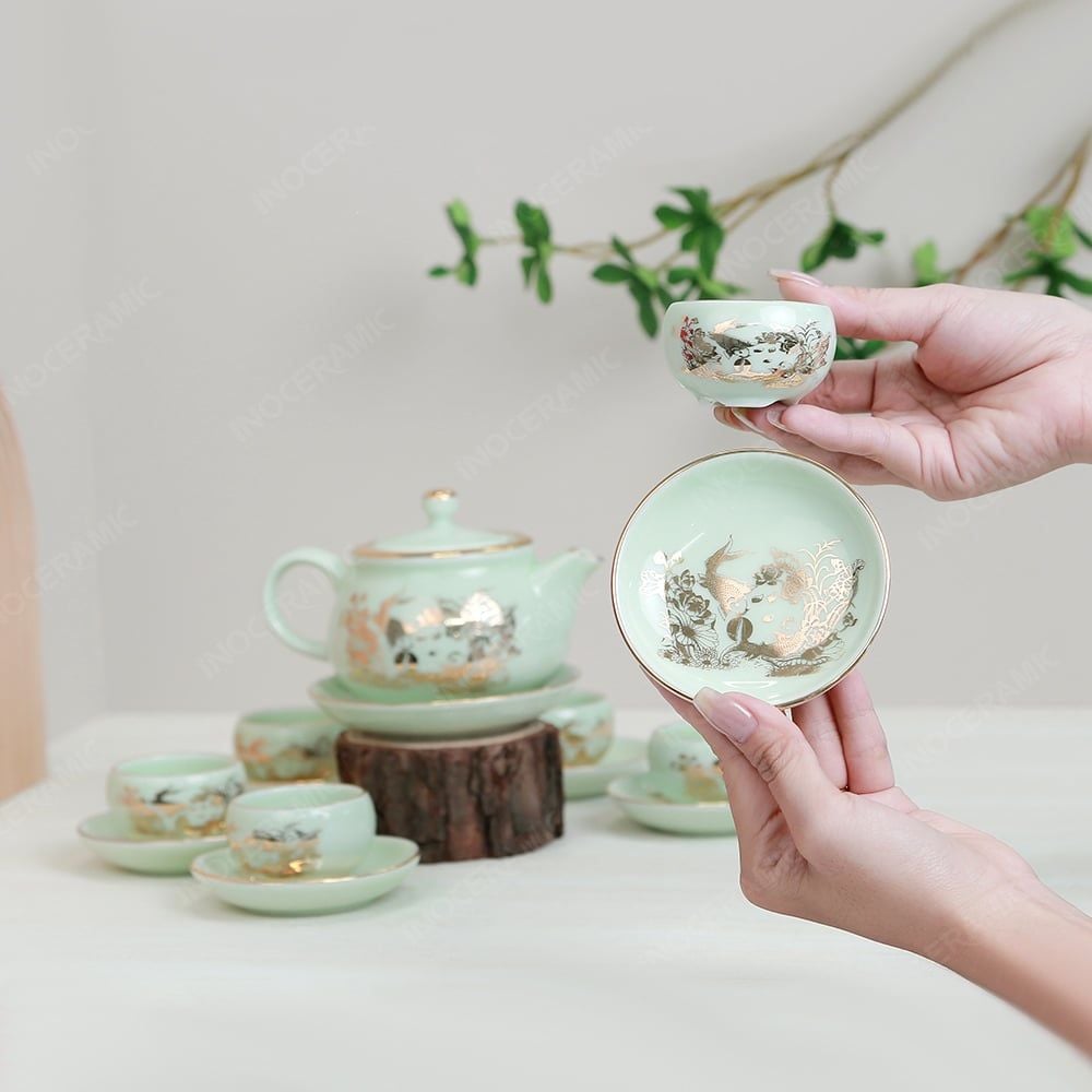 Bộ ấm trà Lưu Ly sen chép kẻ vàng