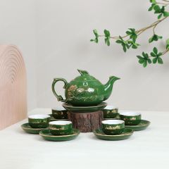 Bộ ấm trà Kỳ lân men lục sen vàng