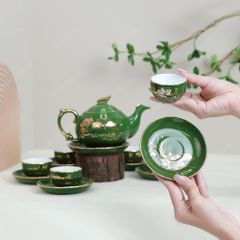 Bộ ấm trà Kỳ lân men lục sen vàng