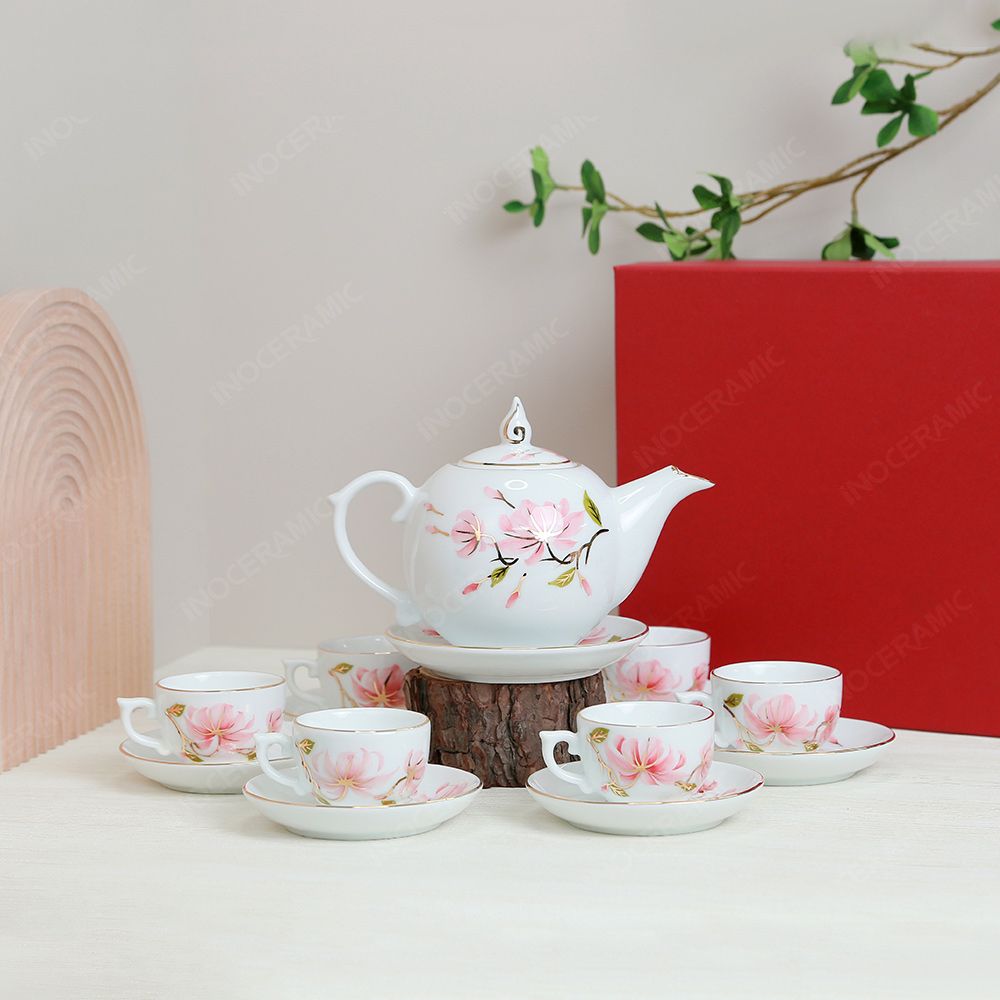 Bộ ấm trà Ngọn lửa hoa đào chỉ vàng in logo