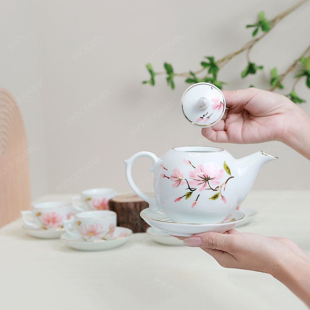 Bộ ấm trà Ngọn lửa hoa đào chỉ vàng in logo
