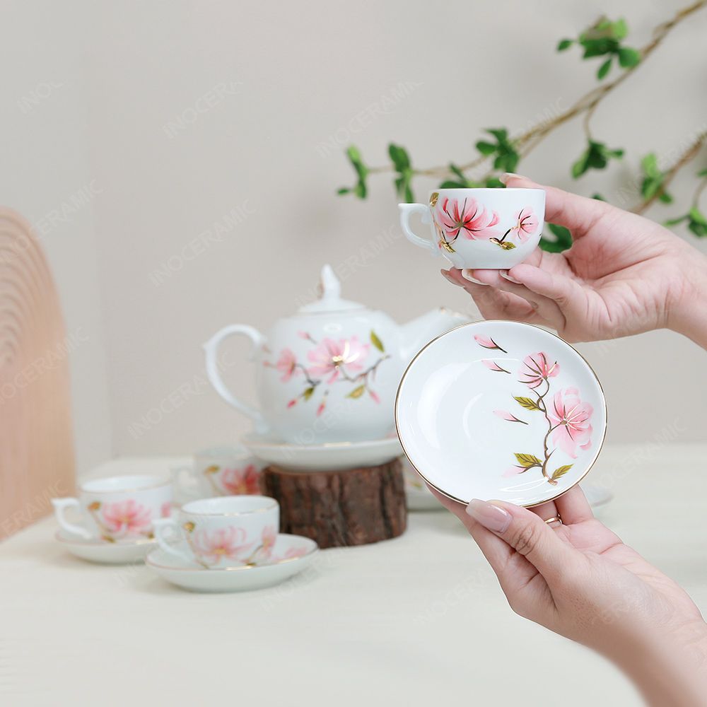 Bộ ấm trà Ngọn lửa hoa đào chỉ vàng in logo