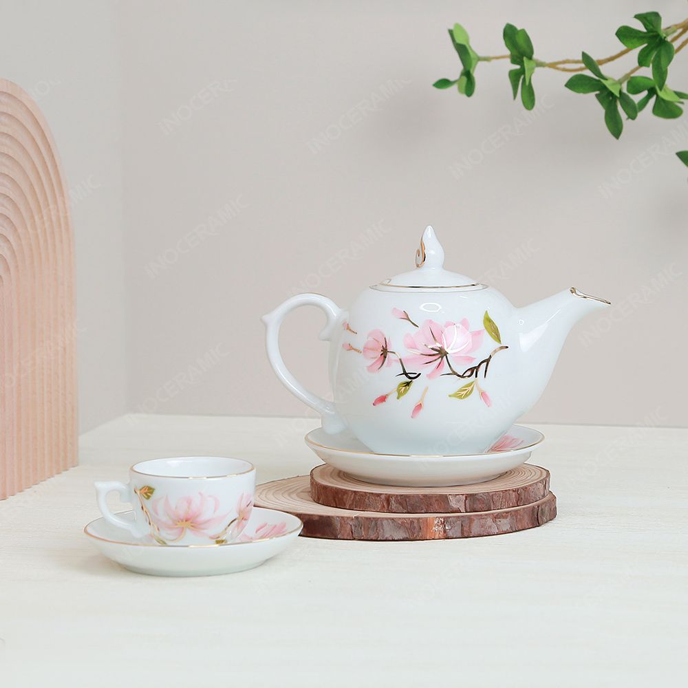 Bộ ấm trà Ngọn lửa hoa đào chỉ vàng in logo