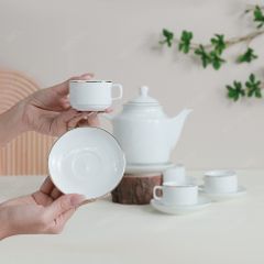 Bộ ấm trà vuông cao kẻ chỉ vàng in logo