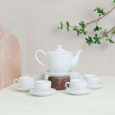 Bộ ấm trà vai vuông kẻ chỉ vàng in logo