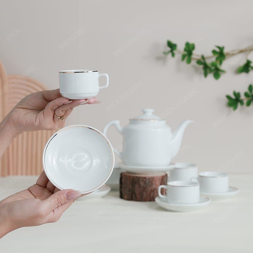 Bộ ấm trà Phúc Tâm quai tim chỉ vàng in logo