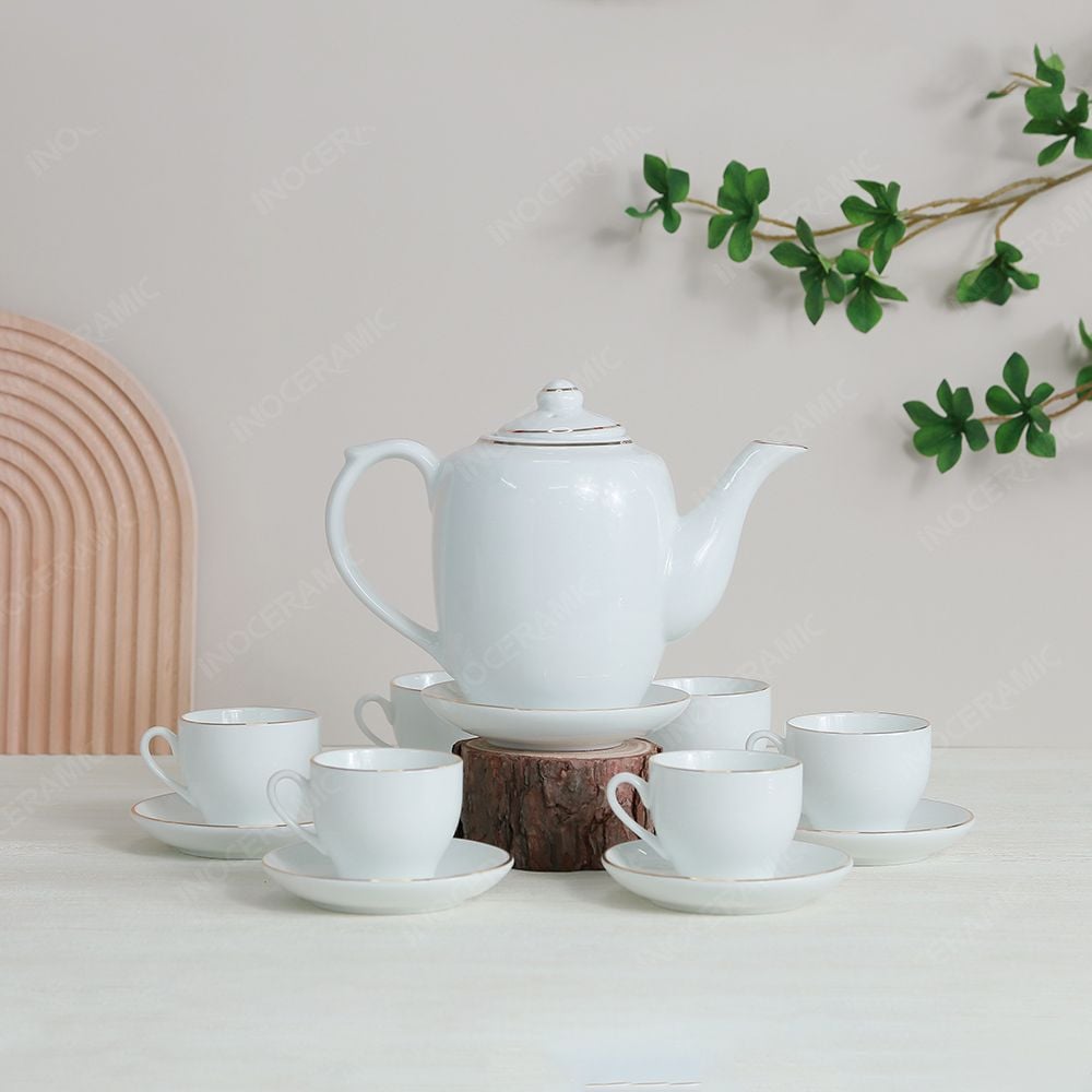 Bộ ấm dáng trống kẻ chỉ vàng in logo