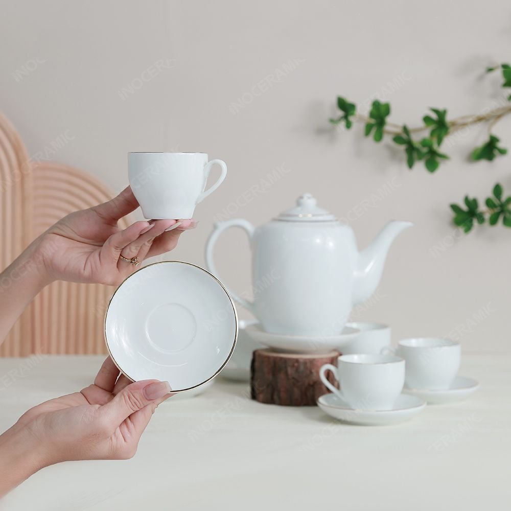 Bộ ấm dáng trống kẻ chỉ vàng in logo