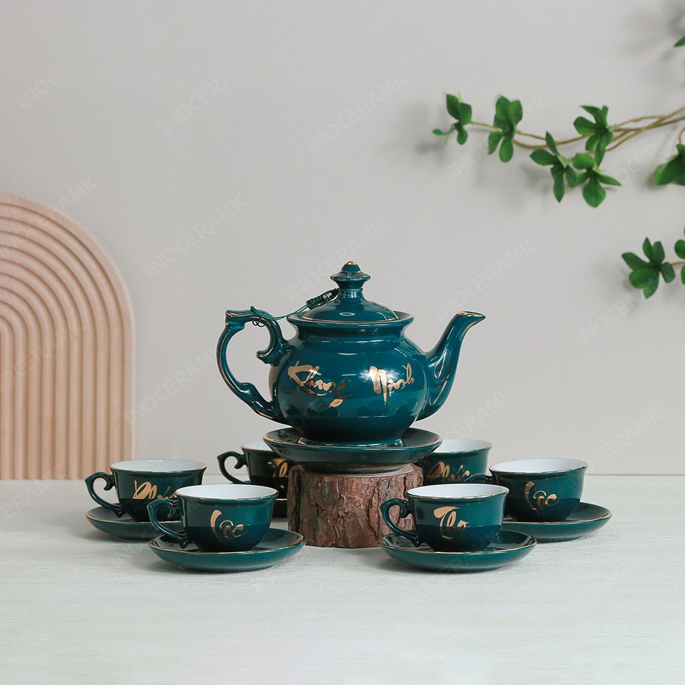Bộ trà Đài Các men lam Phúc Lộc Thọ kẻ chỉ vàng