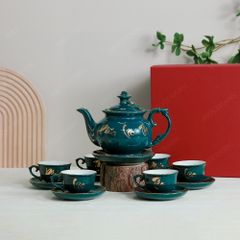 Bộ trà Đài Các men lam Phúc Lộc Thọ kẻ chỉ vàng