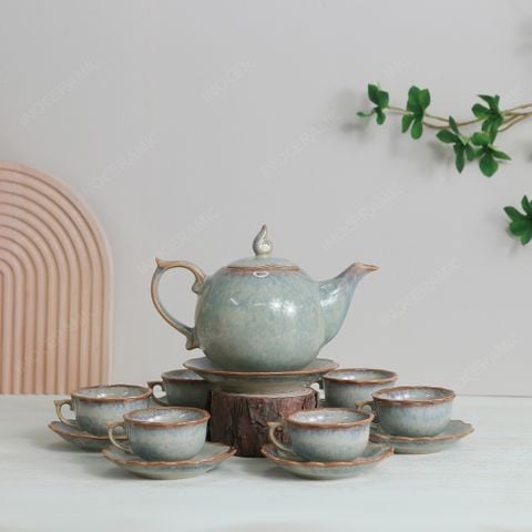Bộ ấm trà Mẫu Đơn men ghi hỏa biến