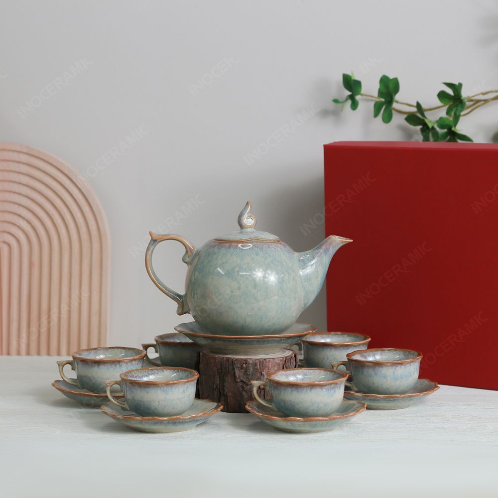 Bộ ấm trà Mẫu Đơn men ghi hỏa biến