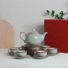 Bộ ấm trà Mẫu Đơn men ghi hỏa biến