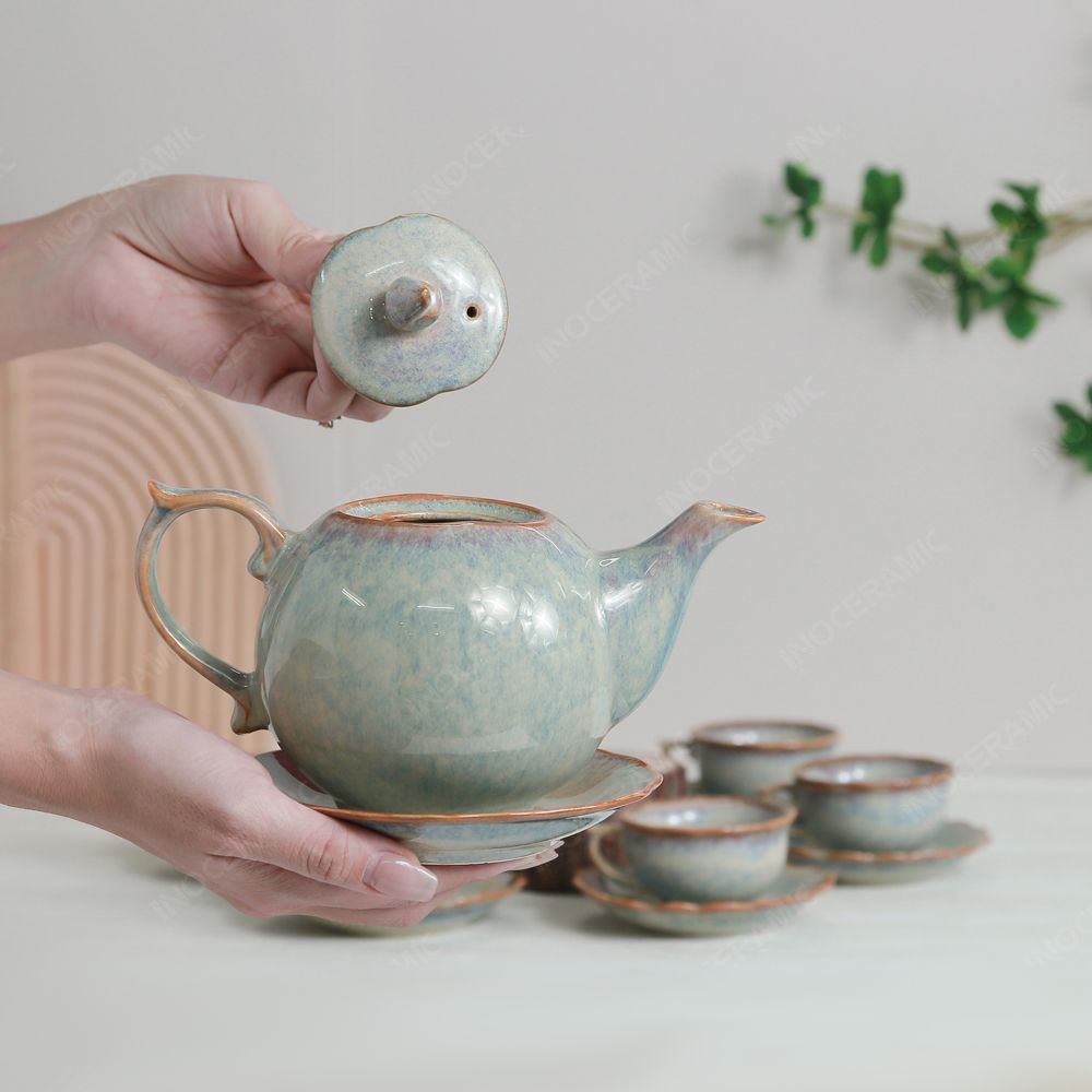 Bộ ấm trà Mẫu Đơn men ghi hỏa biến