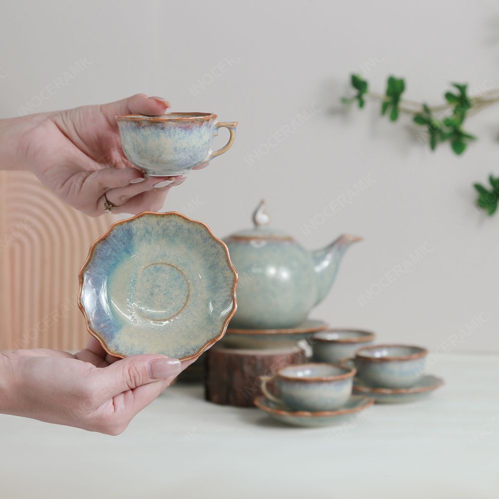 Bộ ấm trà Mẫu Đơn men ghi hỏa biến