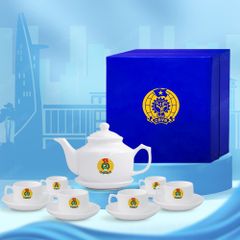Quà tặng Công đoàn - Bộ ấm trà vuông thấp trắng in logo