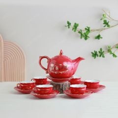 Bộ ấm trà Mẫu Đơn men đỏ Hào gia phú quý vẽ vàng