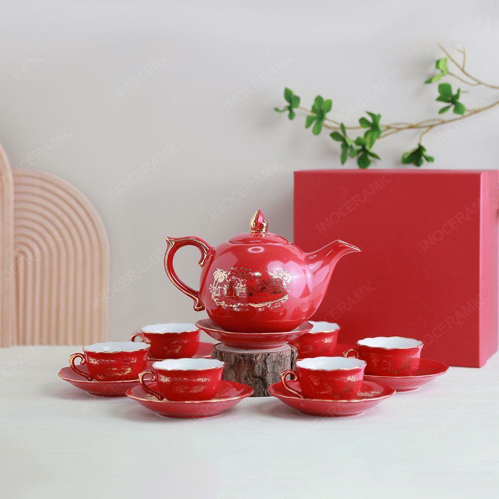 Quà tặng Quân đội - Bộ ấm trà Mẫu Đơn men đỏ Hào gia phú quý vẽ vàng