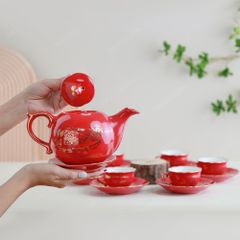 Quà tặng Quân đội - Bộ ấm trà Mẫu Đơn men đỏ Hào gia phú quý vẽ vàng