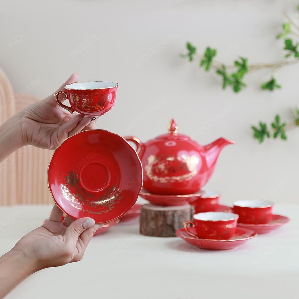 Quà tặng Quân đội - Bộ ấm trà Mẫu Đơn men đỏ Hào gia phú quý vẽ vàng