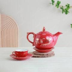 Quà tặng Quân đội - Bộ ấm trà Mẫu Đơn men đỏ Hào gia phú quý vẽ vàng