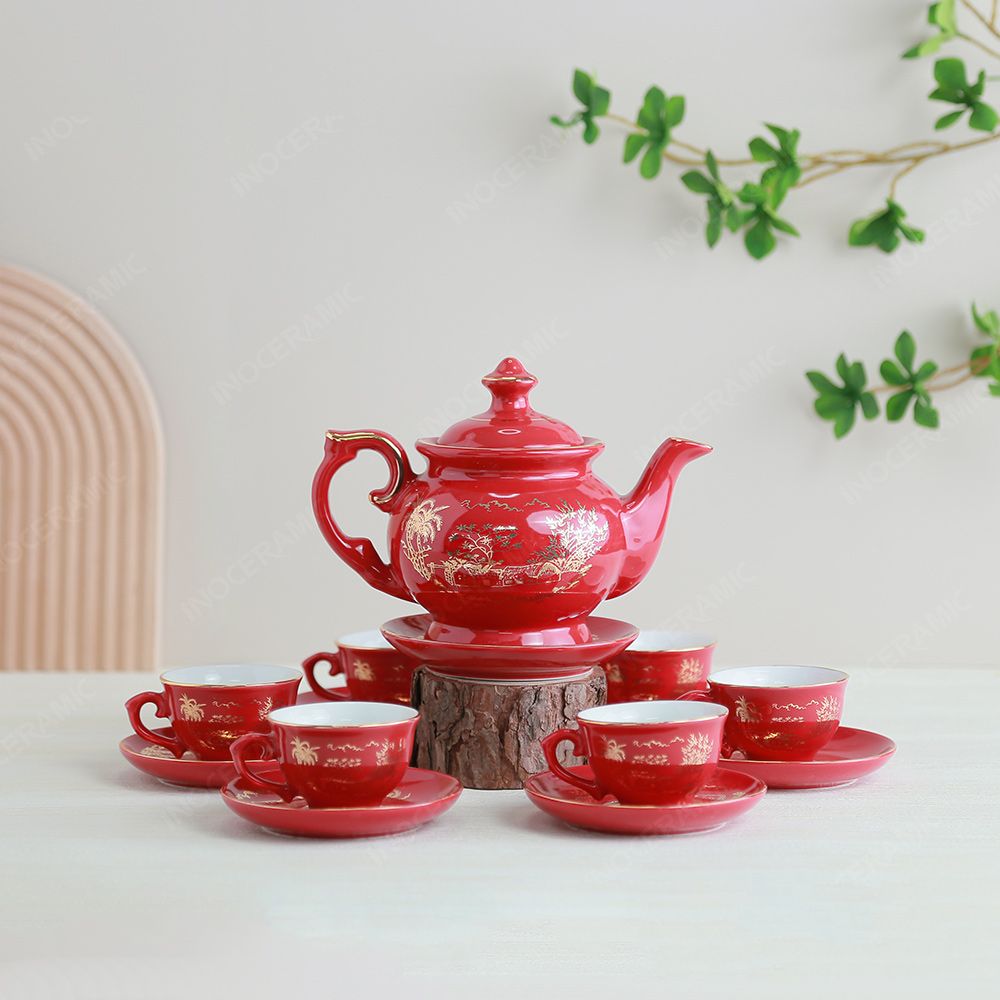 Quà tặng Quân đội - Bộ ấm trà Đài Các men đỏ Hào gia phú quý