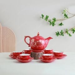 Quà tặng Quân đội - Bộ ấm trà Mẫu Đơn men đỏ Sen vàng