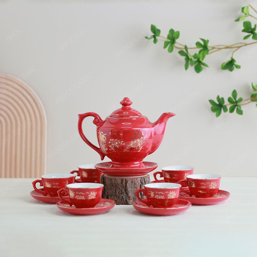 Bộ ấm trà Đèn thần men đỏ Hào gia phú quý