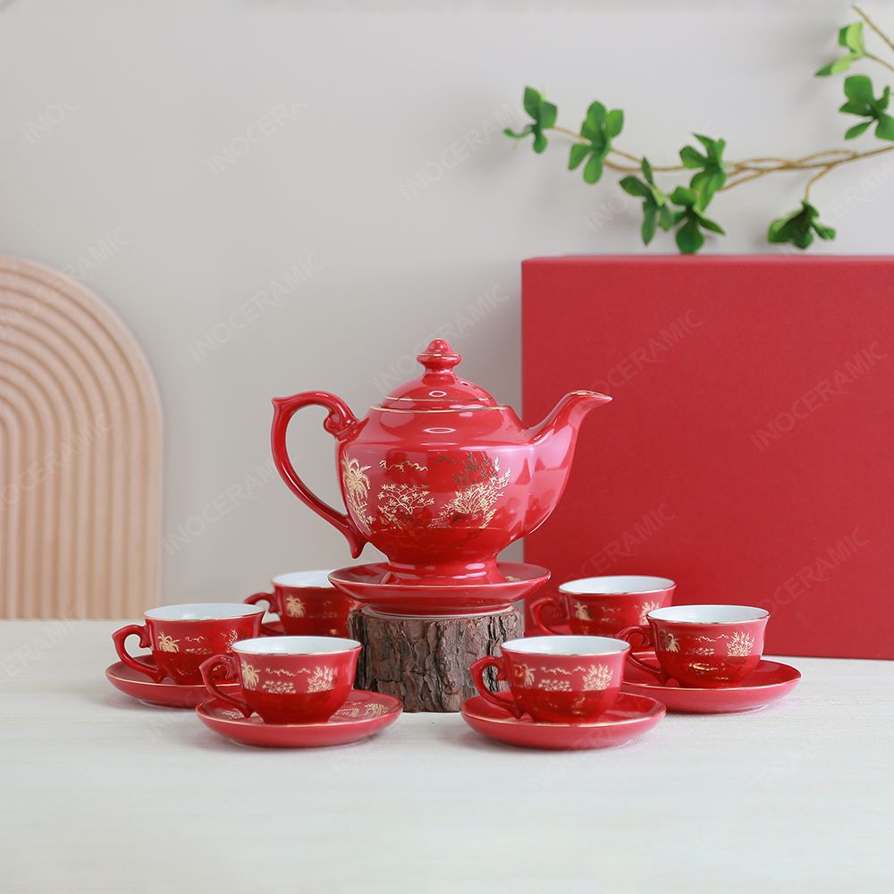 Quà tặng Quân đội - Bộ ấm trà Đèn thần men đỏ Hào gia phú quý