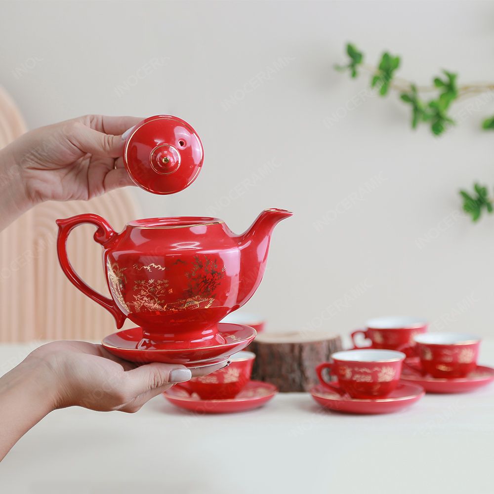 Bộ ấm trà Đèn Thần men đỏ Hào gia phú quý kẻ chỉ vàng