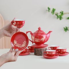 Bộ ấm trà Đèn Thần men đỏ Hào gia phú quý kẻ chỉ vàng