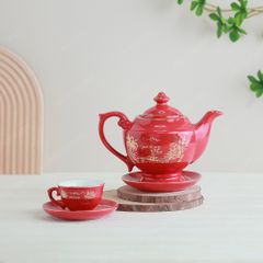 Bộ ấm trà Đèn Thần men đỏ Hào gia phú quý kẻ chỉ vàng