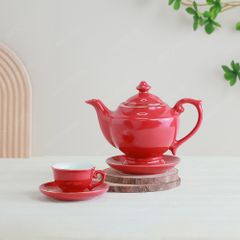 Bộ ấm trà Đèn Thần men đỏ Hào gia phú quý kẻ chỉ vàng