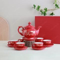 Bộ ấm trà Đài Các men đỏ Sen vàng vẽ vàng