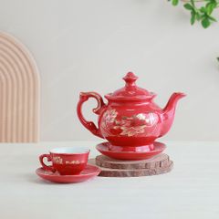 Bộ ấm trà Đài Các men đỏ Sen vàng vẽ vàng