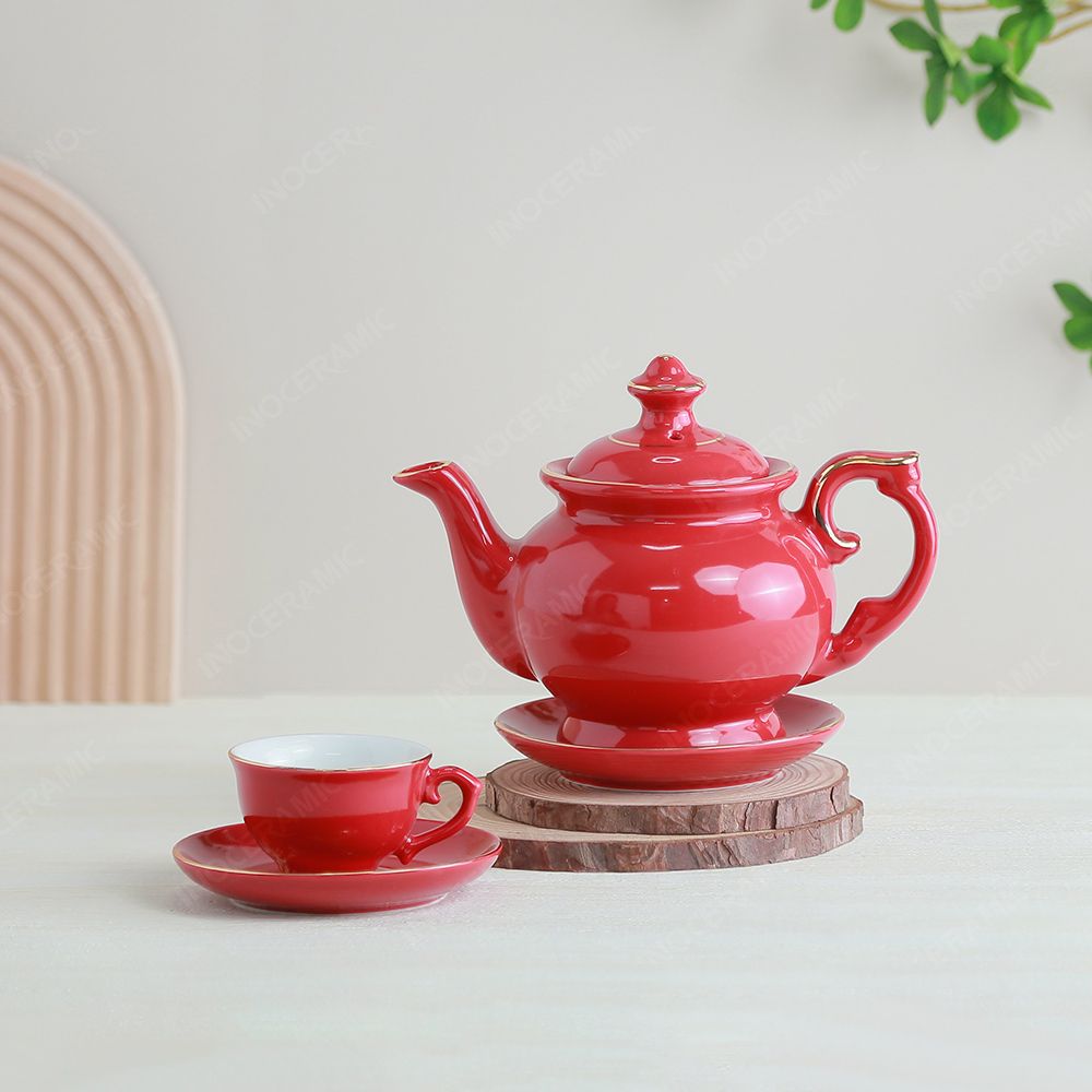 Quà tặng Quân đội - Bộ ấm trà Đài Các men đỏ Thuận buồm vẽ vàng