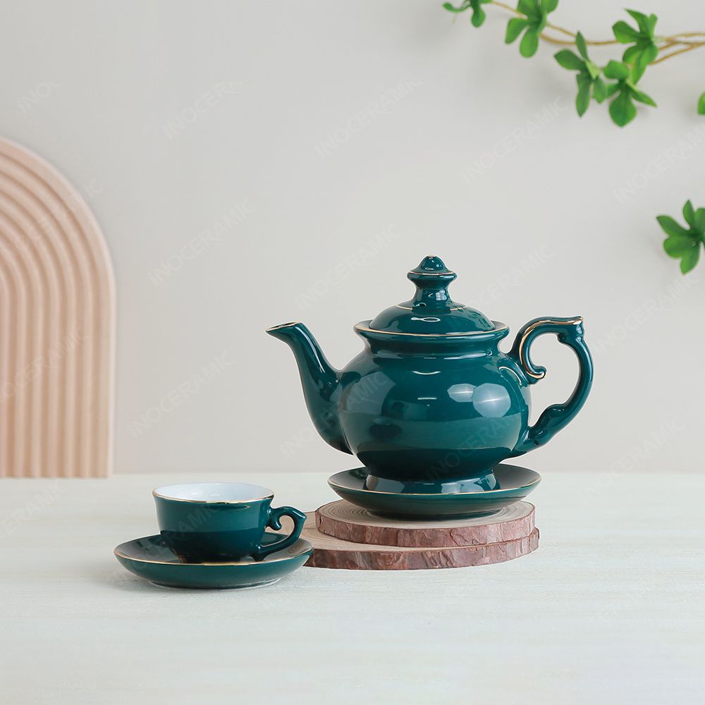 Bộ ấm trà Đài Các men lam sen vàng kẻ chỉ vàng - Mẫu 03