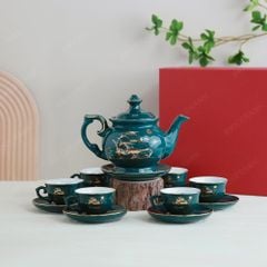 Bộ ấm trà Đài Các men lam Thuận buồm kẻ chỉ vàng