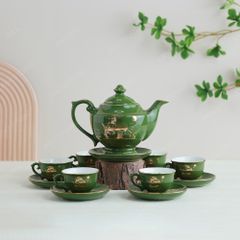 Bộ ấm trà Đèn Thần men lục Thuận buồm kẻ vàng