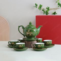 Bộ ấm trà Đèn Thần men lục Thuận buồm kẻ vàng