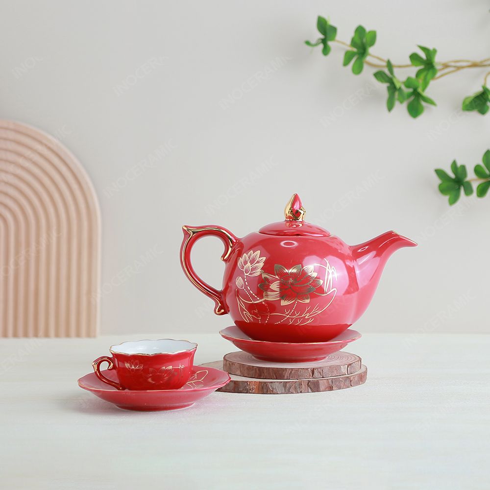 Quà tặng Quân đội - Bộ ấm trà Mẫu Đơn men đỏ Sen vàng