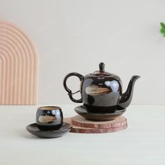 Bộ ấm trà Chi Hoa men nâu hoả biến