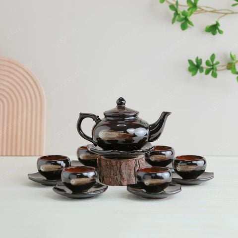 Bộ ấm trà Châu Sa bảo bình men nâu hoả biến