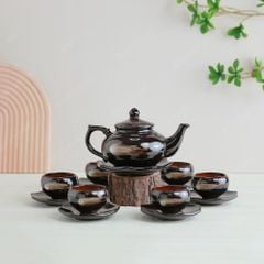 Bộ ấm trà Châu Sa bảo bình men nâu hoả biến