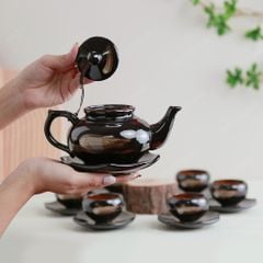 Bộ ấm trà Châu Sa bảo bình men nâu hoả biến