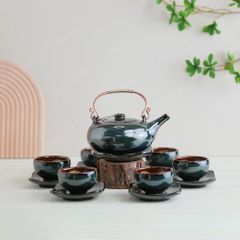 Bộ ấm trà Giang Tây lòng hoa men xanh rêu hoả biến