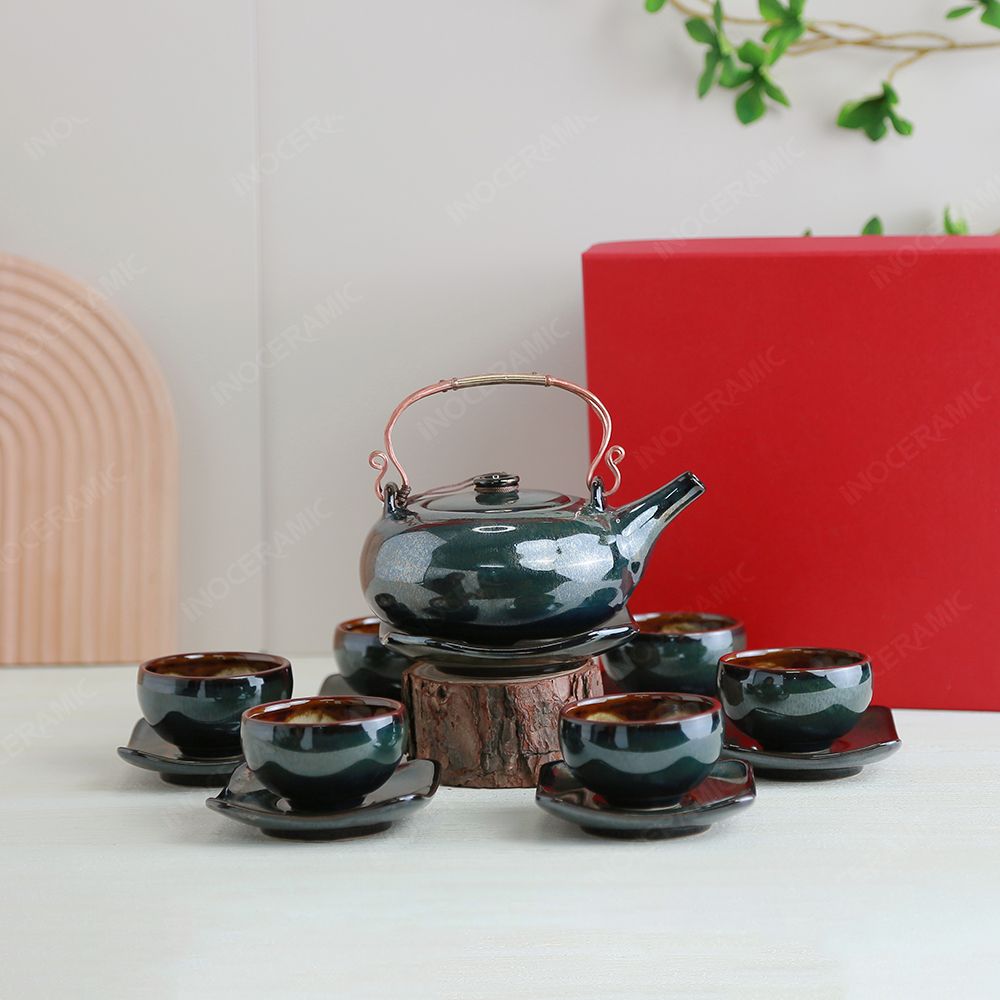 Bộ ấm trà Giang Tây lòng hoa men xanh rêu hoả biến